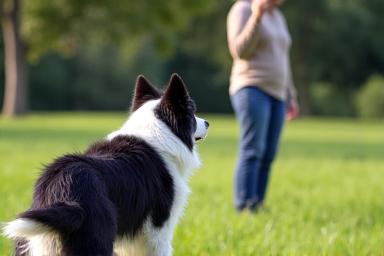 A border collie patiently holding a 'stay' command while its owner holds up a hand.