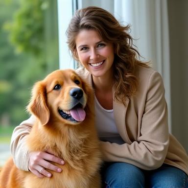 A happy woman kneeling beside a fluffy golden retriever.