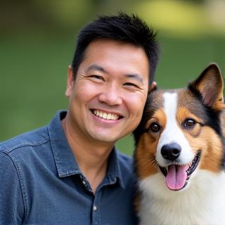 Professional headshot of David Lim, a smiling man in his 30s with a dog by his side.