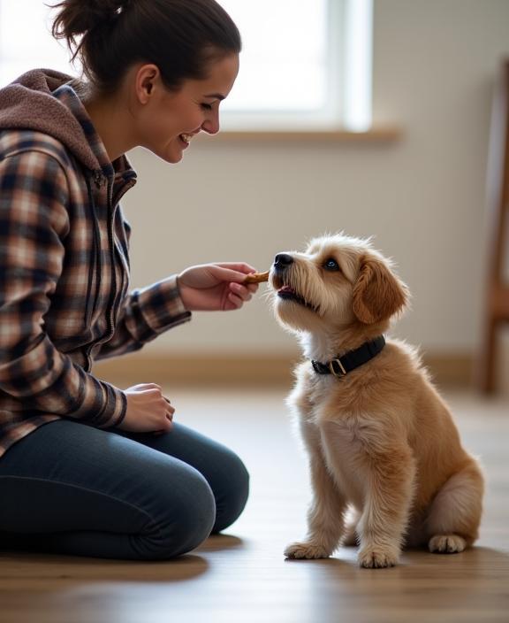 A trainer giving a treat to a small dog that has successfully performed a 'sit' command.